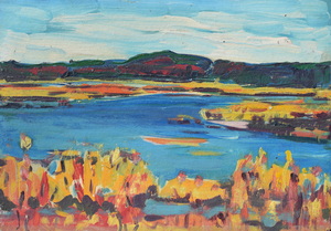 Werkverzeichnis Nr. 1091, um 1978, See mit Schilfufer, Öl auf Karton, 39,5 x 57,0 cm, 
						Rückseite von Werkverzeichnis Nr. 251, um 1965, Bergsee