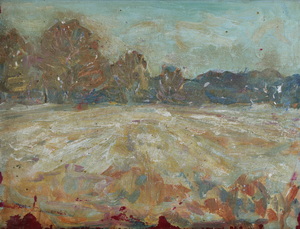 Werkverzeichnis Nr. 1101, um 1978, Feld mit Schnee im Winter,  Öl auf Karton, 37,2 x 48,5 cm