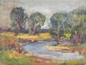 Werkverzeichnis Nr. 1080, um 1978, Bach mit Bäumen, Öl auf Karton, 37,3 x 48,5 cm