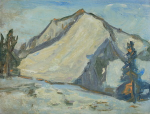 Werkverzeichnis Nr. 1115, um 1978, Berg mit Bäumen, Öl auf Karton, 37,3 x 48,7 cm