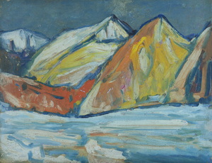 Werkverzeichnis Nr. 1116, um 1978, Hintereinander gestaffelte Berge, Öl auf Karton, 37,5 x 48,0 cm