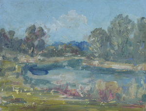 Werkverzeichnis Nr. 1081, um 1978, Gewässer mit Bäumen, Öl auf Karton, 37,7 x 48,8 cm