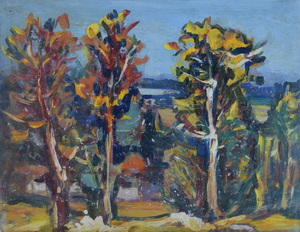 Werkverzeichnis Nr. 1112, um 1978, Blick zwischen Bäumen auf Häuser und einen See, Öl auf Karton, 37,9 x 48,8 cm