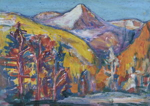 Werkverzeichnis Nr. 1117, um 1978, Gebirgslandschaft mit Bäumen, Öl auf Karton, 38,1 x 52,8 cm
