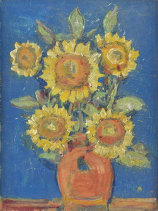 Werkverzeichnis Nr. 1122, um 1978, Fünf Sonnenblumen in brauner Vase, Öl auf Karton, 40,1 x 37,5 cm