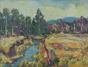 Werkverzeichnis Nr. 1093, um 1978, Mooslandschaft mit Wassergraben und Bäumen,  Öl auf Karton, 38,0 x 48,4 cm