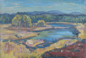 Werkverzeichnis Nr. 1092, um 1978, Mooslandschaft mit Wasserflächen,  Öl auf Karton, 40,4 x 58,7 cm