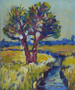 Werkverzeichnis Nr. 1094, um 1978, Zwei Bäume an einem Wassergraben,  Öl auf Karton, 47,0 x 39,5 cm