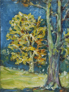 Werkverzeichnis Nr. 1106, um 1978, Baumstamm und Baum mit gelbem Laub, Öl auf Karton, 48,5 x 37,3 cm