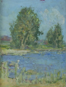 Werkverzeichnis Nr. 1095, um 1978, Zwei Bäume an einem Gewässer,  Öl auf Karton, 48,7 x 37,6 cm