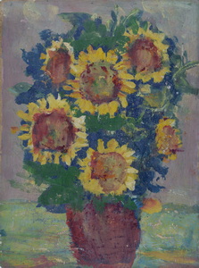 Werkverzeichnis Nr. 1123, um 1978, Fünf Sonnenblumen in brauner Vase, Öl auf Karton, 50,0 x 38,5 cm