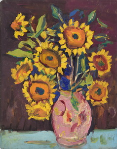 Werkverzeichnis Nr. 1124, um 1978, Sonnenblumen in rosa Vase vor brauner Wand, Öl auf Hartfaser, 70,8 x 56,7 cm
