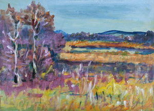 Werkverzeichnis Nr. 1078, um 1978, Bäume an einem See, Öl auf Karton, 38,5 x 53,1 cm