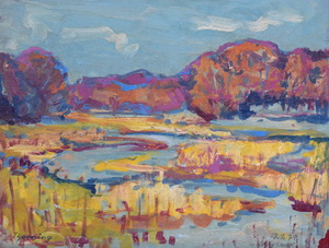 Werkverzeichnis Nr. 1125, 1979, Winterliche Mooslandschaft Thanninger Weiher,  Acryl, Öl auf Karton, 37,3 x 48,8 cm