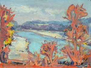 Werkverzeichnis Nr. 1148, um 1979, Isar mit Kiesbänken und orangeroten Bäumen, Acryl auf Karton, 40,0 x 60,0 cm