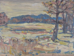 Werkverzeichnis Nr. 1138, um 1979, Kirchsee Filz, Öl auf Karton, 36,8 x 48,7 cm