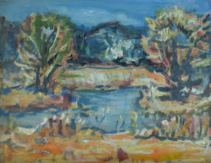 Werkverzeichnis Nr. 1143, um 1979, Bäume an einem Weiher, Acryl auf Karton, 37,6 x 48,3 cm