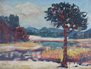 Werkverzeichnis Nr. 1139, um 1979, Kirchsee Filz, Öl auf Karton, 37,6 x 48,7 cm