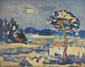 Werkverzeichnis Nr. 1140, um 1979, Kirchsee Filz Dämmerung, Öl auf Karton, 37,8 x 48,3 cm