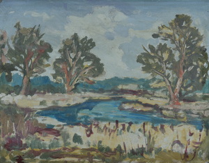 Werkverzeichnis Nr. 1144, um 1979, Drei Bäume an einem Gewässer, Öl auf Karton, 38,6 x 49,5 cm