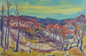 Werkverzeichnis Nr. 1149, um 1978, Blick in das Mühltal bei Starnberg, Öl auf Karton, 40,1 x 61,4 cm