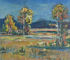 Werkverzeichnis Nr. 1142, um 1979, Kirchseemoos, Acryl, Öl auf Karton, 49,0 x 56,6 cm