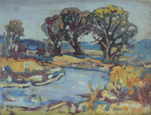 Werkverzeichnis Nr. 1146, um 1979,  Bäume an einem Fluß, Öl auf Karton, 37,1 x 48,4 cm