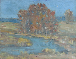Werkverzeichnis Nr. 1147, um 1979,  Bäume an einem Bach, Öl auf Karton, 37,4 x 48,2 cm