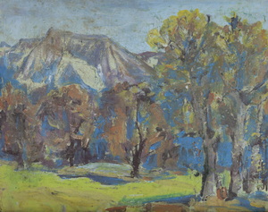 Werkverzeichnis Nr. 1153, um 1979, Blick auf ein Gebirgsmassiv,  Öl auf Karton, 37,7 x 47,8 cm