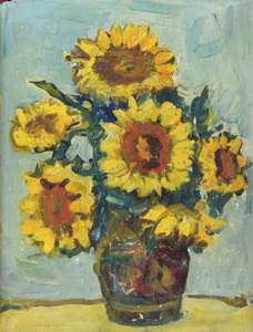 Werkverzeichnis Nr. 1157, um 1979, Sechs Sonnenblumen in brauner Vase, Öl auf Karton, 48,0 x 37,7 cm