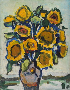 Werkverzeichnis Nr. 1158, um 1979,Sonnenblumenstrauß vor weißer Wand, Öl auf Karton, 70,9 x 56,5 cm