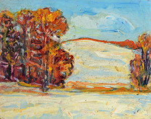 Werkverzeichnis Nr. 1166, um 1980, Schneebedeckte Hügel mit Bäumen, Öl auf Karton, 45,0 x 60,0 cm