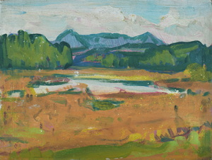Werkverzeichnis Nr. 1164, um 1980, Kleinerer Ostersee mit Blick auf Herzogstand und Heimgarten, Öl auf Karton, 24,4 x 32,2 cm