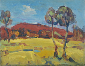 Werkverzeichnis Nr. 1167, um 1980, Felder mit Bäumen und Bergen, Öl auf Hartfaser, 30,0 x 38,8 cm