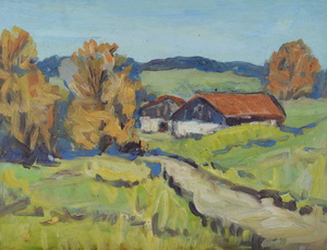 Werkverzeichnis Nr. 1168, um 1980, Zwei Scheunen in einer hügeligen Landschaft, Öl auf Karton, 37,2 x 49,0 cm