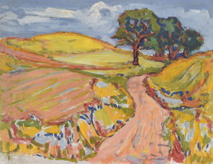 Werkverzeichnis Nr. 1171, um 1980, Bäume an einem leicht ansteigenden Weg, Öl auf Karton, 37,8 x 48,9 cm