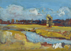 Werkverzeichnis Nr. 1174, um 1980, Mooslandschaft mit einem Bach, Acryl auf Hartfaser, 38,2 x 52,7 cm