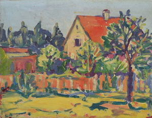 Werkverzeichnis Nr. 1191, um 1980, Haus in der Haldenberger Straße in München-Moosach, Öl auf Karton, 38,5 x 48,5 cm