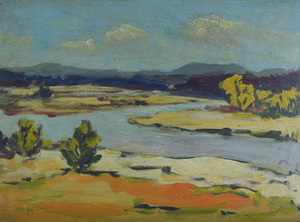 Werkverzeichnis Nr. 1176<br> um 1980, Zusammenfluß von Isar und Loisach bei Wolfratshausen, Öl auf Karton, 38,7 x 53,2 cm