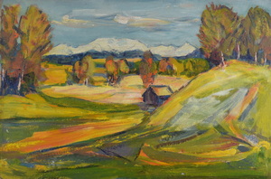 Werkverzeichnis Nr. 1180,  1980, Hütte in hügeliger Voralpenlandschaft, Öl auf Karton, 39,8 x 60,8 cm