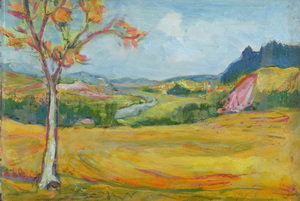 Werkverzeichnis Nr. 1181, um 1980, Amper bei Unterbruck, Öl auf Karton, 40,0 x 59,5 cm