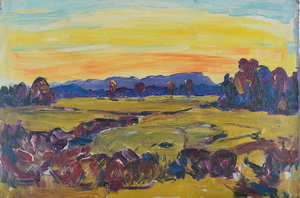 Werkverzeichnis Nr. 1183, um 1980, Mooslandschaft im Abendrot, Öl auf Karton, 40,0 x 60,3 cm