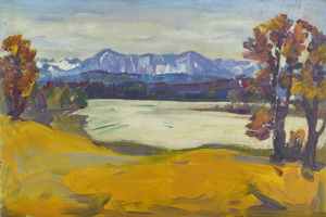 Werkverzeichnis Nr. 1163, um 1980, Großer Ostersee, Öl auf Karton, 40,3 x 60,9 cm