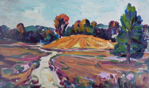 Werkverzeichnis Nr. 1175, um 1980, Landschaft mit einem Hügel und einem Bach, Acryl auf Sperrholz, 40,7 x 69,0 cm