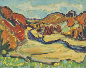 Werkverzeichnis Nr. 1188, um 1980, Blick in ein Gebirgstal, Öl auf Hartfaser, 56,3 x 71,2 cm