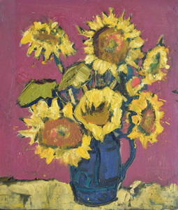 Werkverzeichnis Nr. 1193, um 1980, Sonnenblumen in blauem Krug vor roter Wand, Öl auf Karton, 57,0 x 48,7 cm