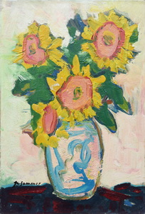 Werkverzeichnis Nr. 1194, um 1980, Sonnenblumen vor rosa Grund, Öl auf Karton, 60,7 x 40,0 cm