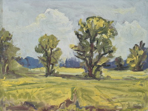Werkverzeichnis Nr. 1169, um 1980, Grün belaubte Bäume auf einem Feld mit Wald, Öl auf Hartfaser, 37,3 x 49,3 cm