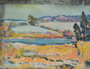 Werkverzeichnis Nr. 1173, um 1980, Gewässer in hügeliger Landschaft, Öl auf Karton, 37,8 x 49,9 cm