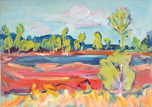 Werkverzeichnis Nr. 1182, um 1980, Mooslandschaft mit Bäumen, Öl auf Karton, 40,5 x 56,5 cm